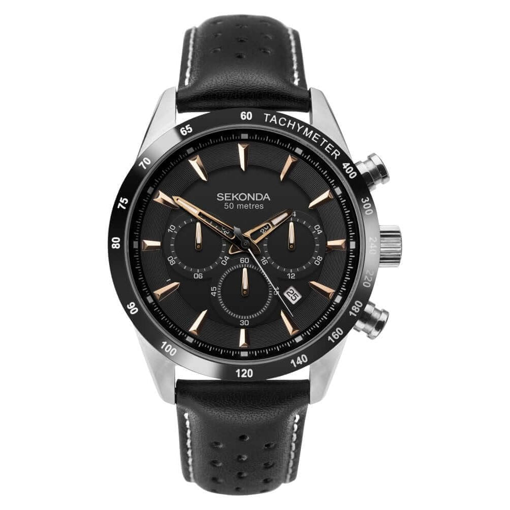 Stainless Steel Case With Black Dual Time Dial & Black Leather Bracelet Strap Gents Watch