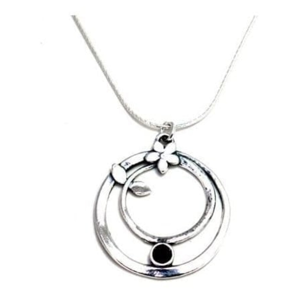 Ladies Flower & Black Onyx Circular Pendant Necklace
