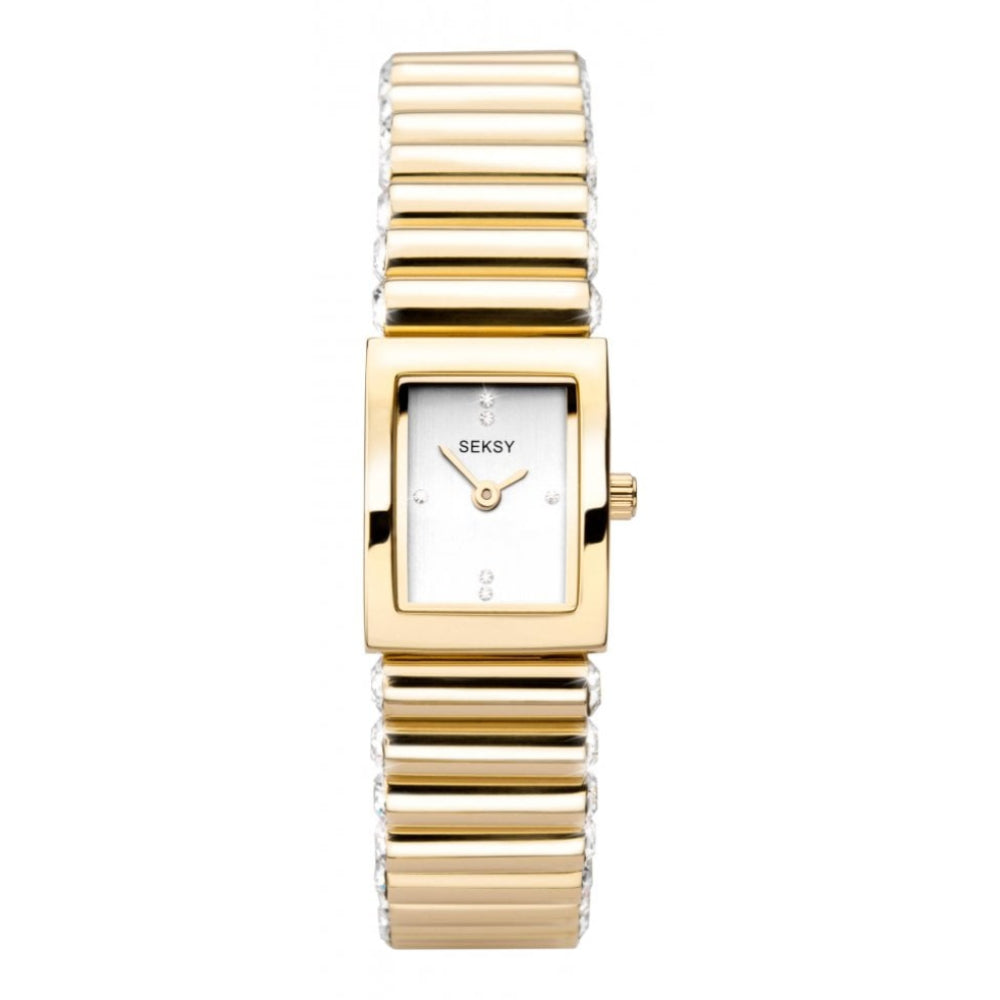 Rectangular Gold Plated Case With Silver Stone Set Dial & Bracelet Strap Ladies Watch