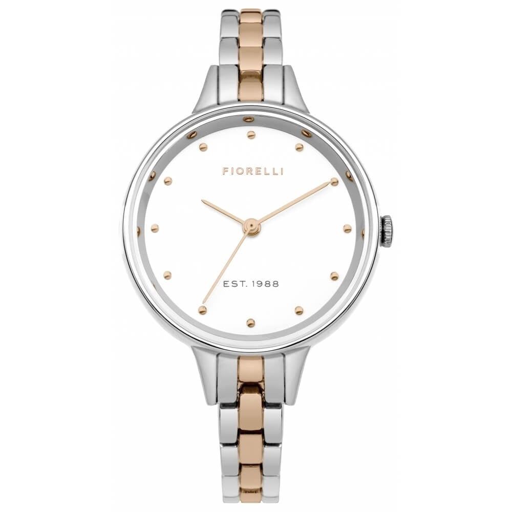 Skinny Two Tone Silver & Rose Gold Bracelet Watch With White Dial
