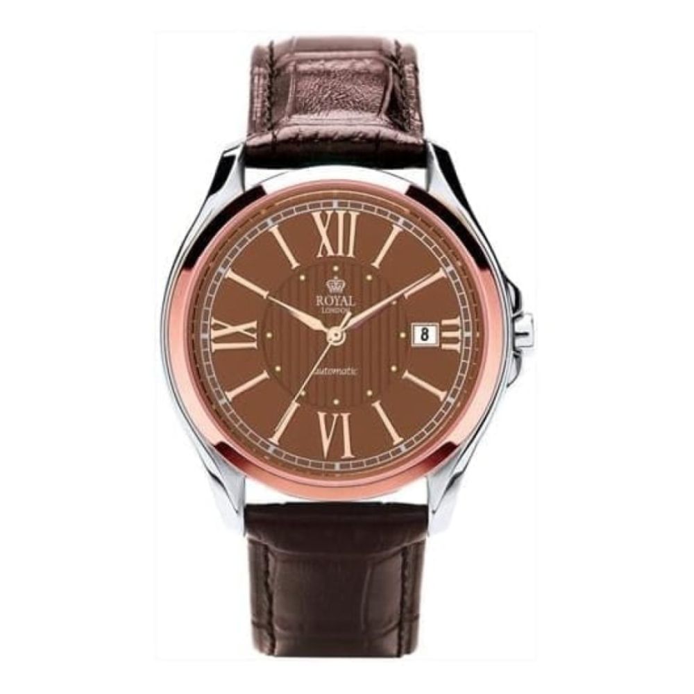 Mens Mechanical Watch with Date Display Rose Gold with Brown face