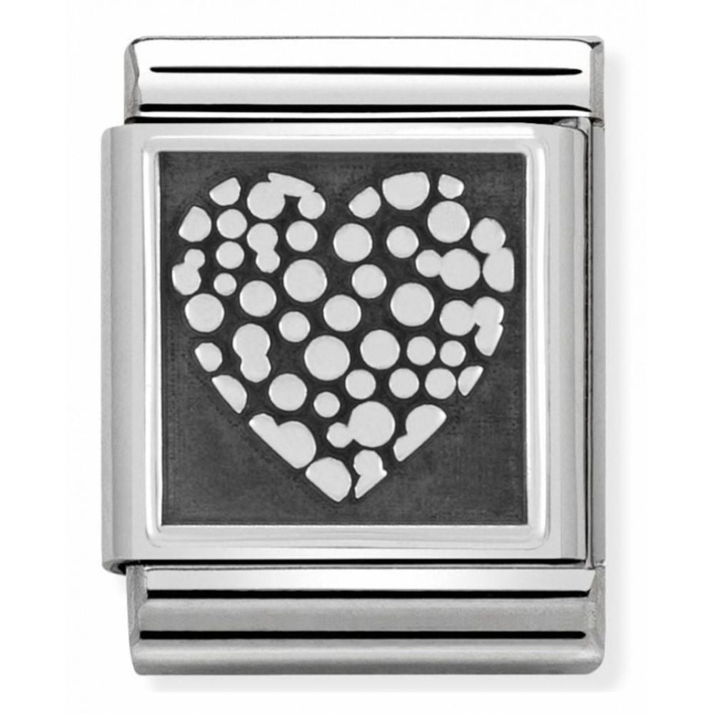 Composable Oxidized Dotted Heart Symbol Stainless Steel And Sterling Silver Big Charm