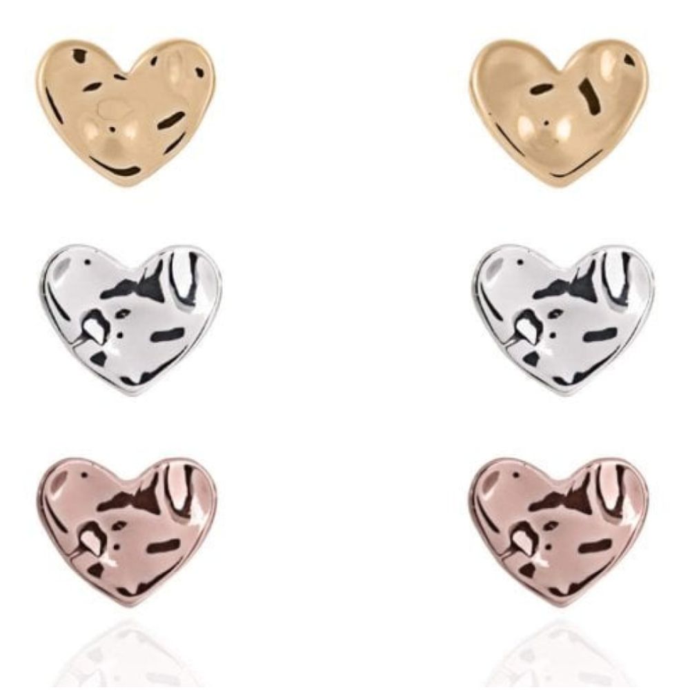 Florence Hammered Heart Earring Set - Silver Rose Gold Yellow Gold