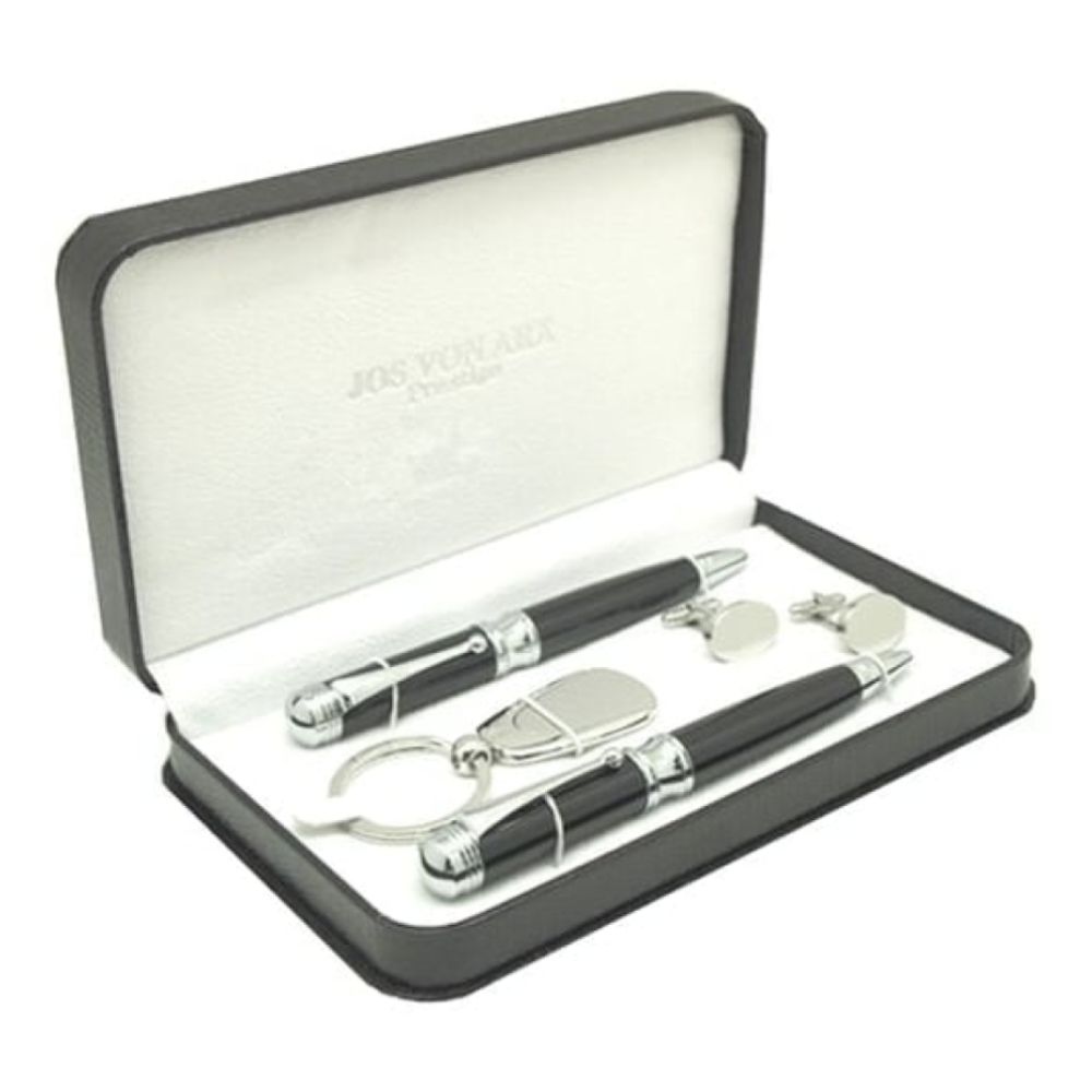 Men's Gift Set With Black Ball Point & Roller Ball Pen, Key Ring & Oval Cufflinks