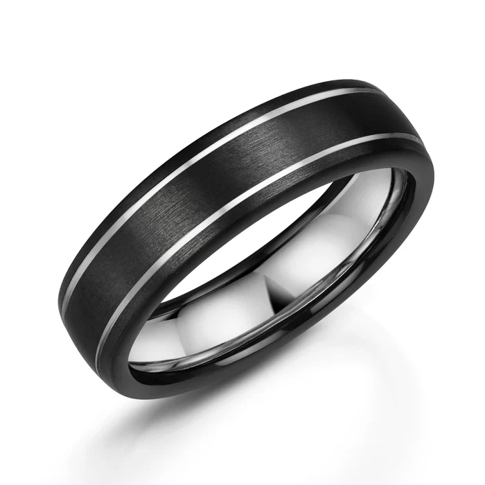 Sleek Black Zirconium & Silver Inlay Ring