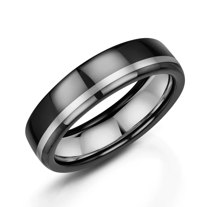 Black Zirconium With 9ct White Gold Stripe & Silver Inlay Ring