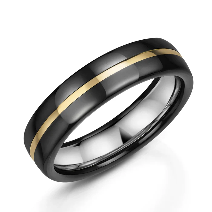 Black Zirconium With 9ct Gold Stripe & Silver Inlay Ring