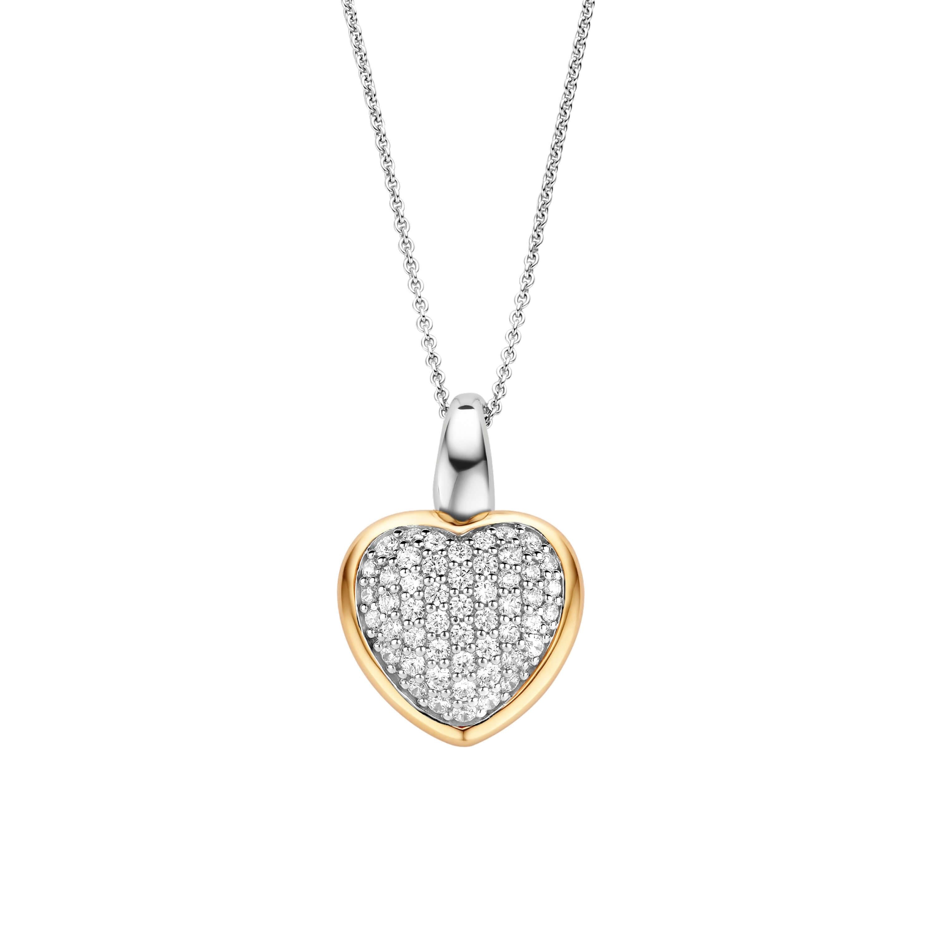 Two Tone Heart With CZ Pendant & Silver Chain Necklace
