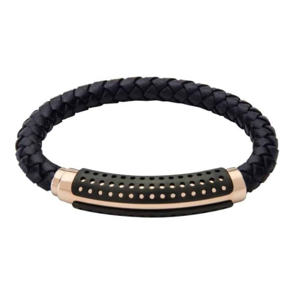 Men's Black Leather Bracelet With Rose Gold Plated Band With Black Holed Layered & Magnetic Clasp