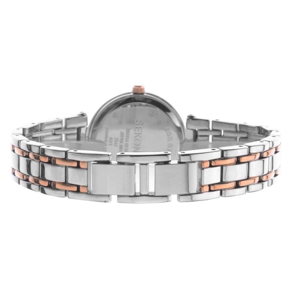 Two Tone Stone Set Case With Silver Sunray Dial & Two Tone Bracelet Strap Ladies Watch