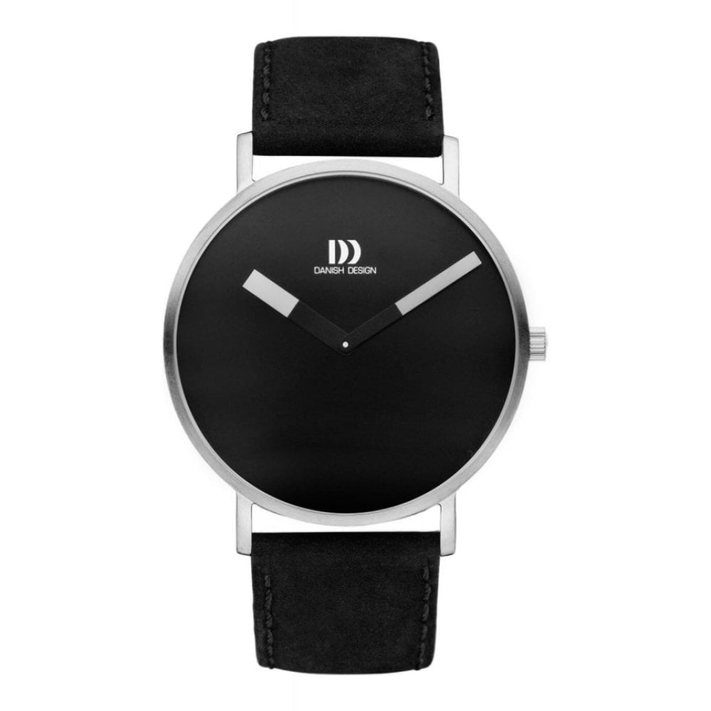 Gents Black Stainless Steel Leather Strap Watch