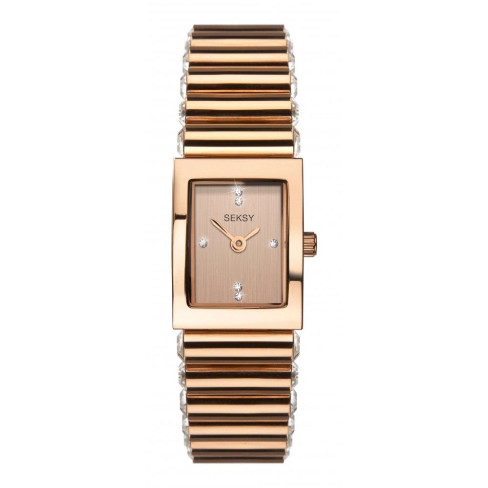 Rectangular Rose Gold Plated Case With Champagne Stone Set Dial & Bracelet Strap Ladies Watch