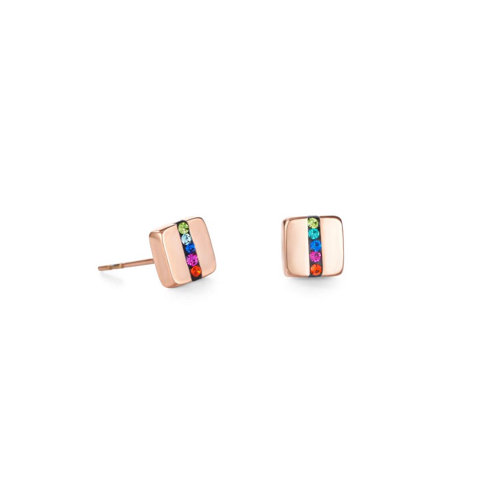 Square Rose Gold & Crystals Pav�� Strip Multicolour Earrings With Stickpin