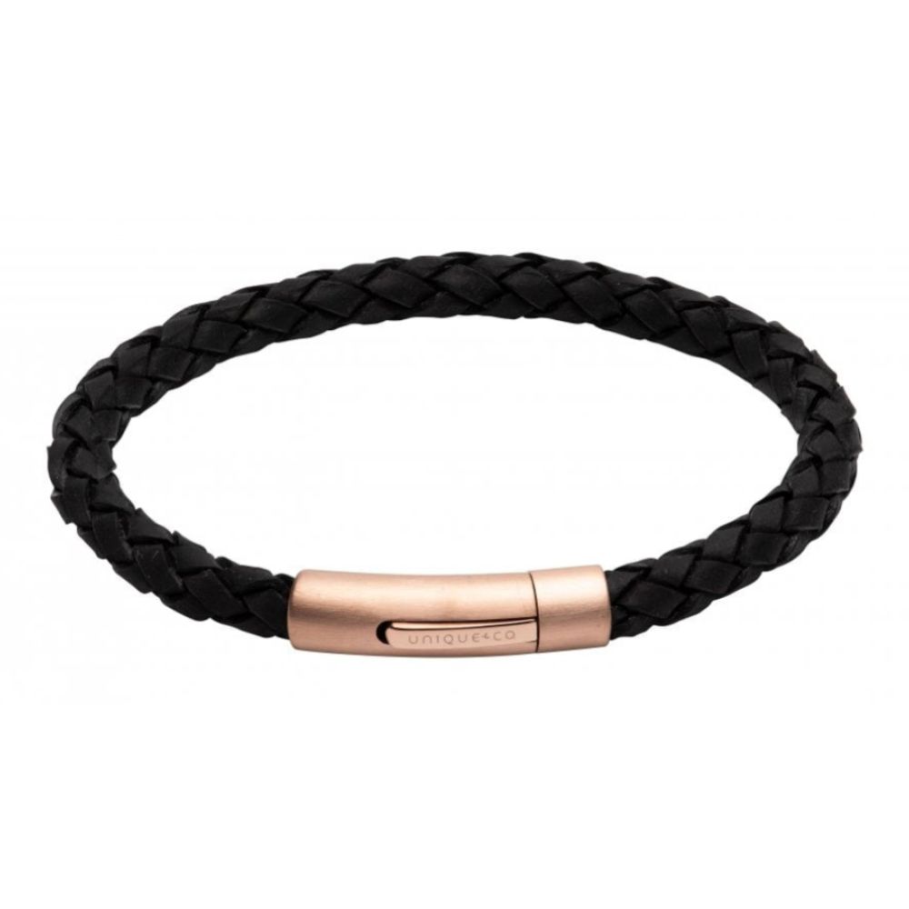 Black Leather Bracelet with Matte Rose Gold IP Plated Steel Clasp