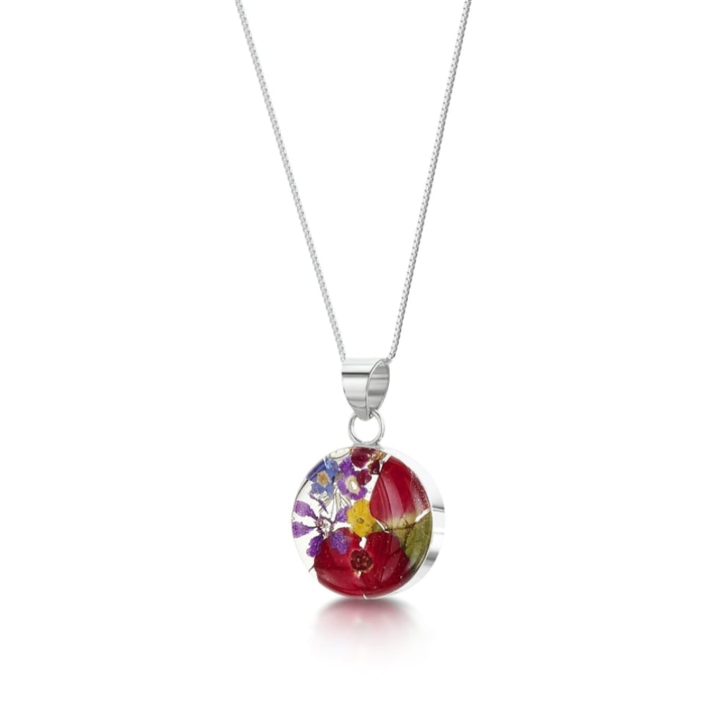 Silver Pendant - Mixed Flowers - Medium Round