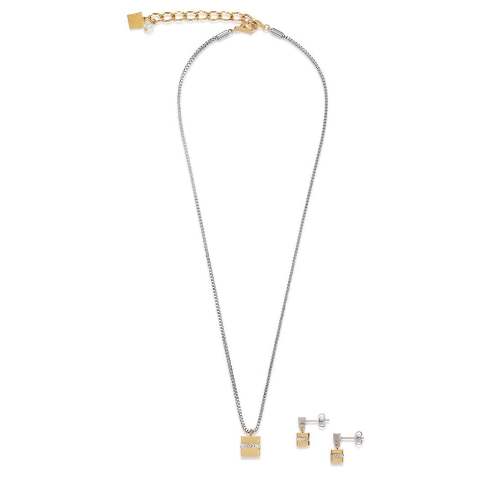 Gold-Silver Cube Pendant Stainless Steel Chain Necklace