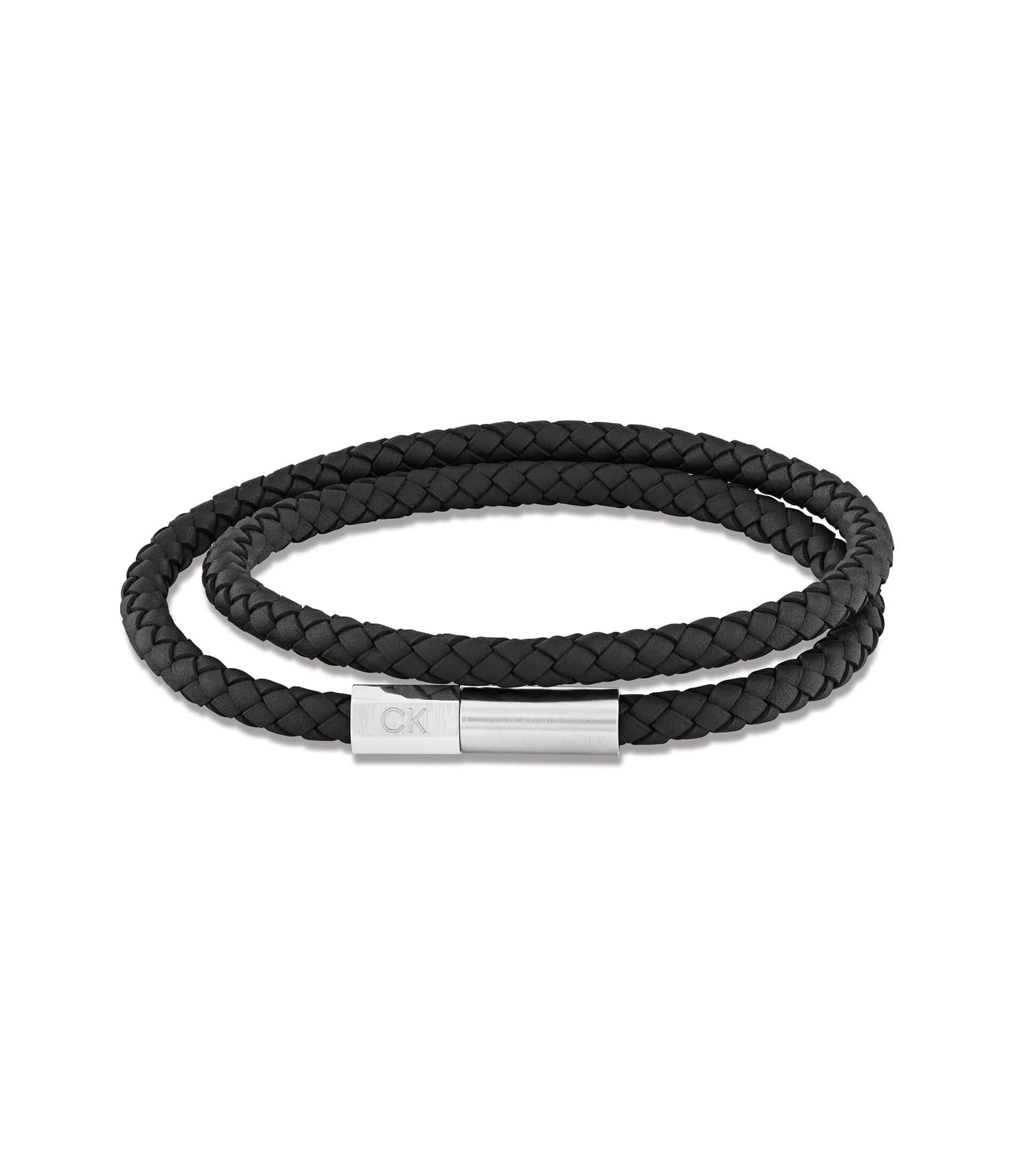 Industrial Facets Mens Black Leather Steel Detail Bracelet
