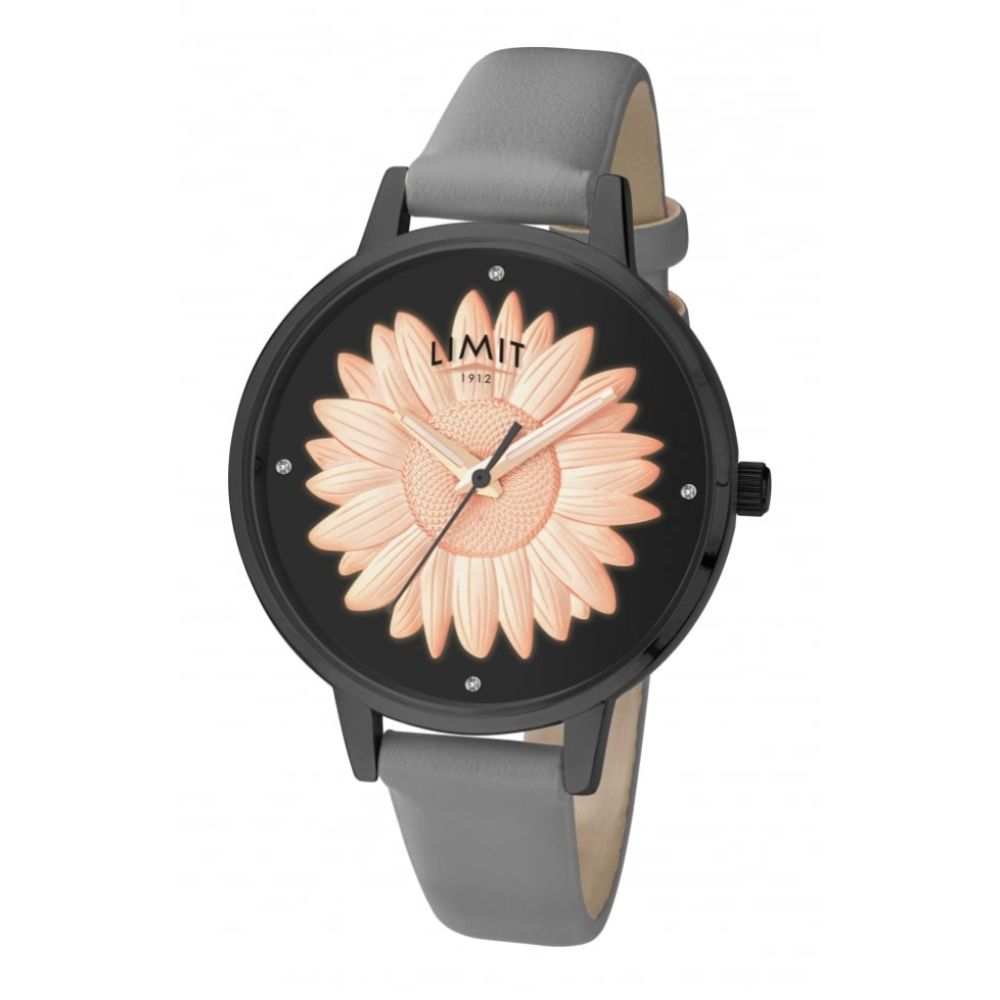 3D Sunflower Print Black Dial & Dark Grey PU Strap Ladies Watch