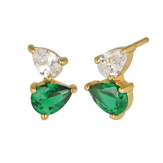 Sofia Teardrop Studs In Emerald Green, Clear & Gold