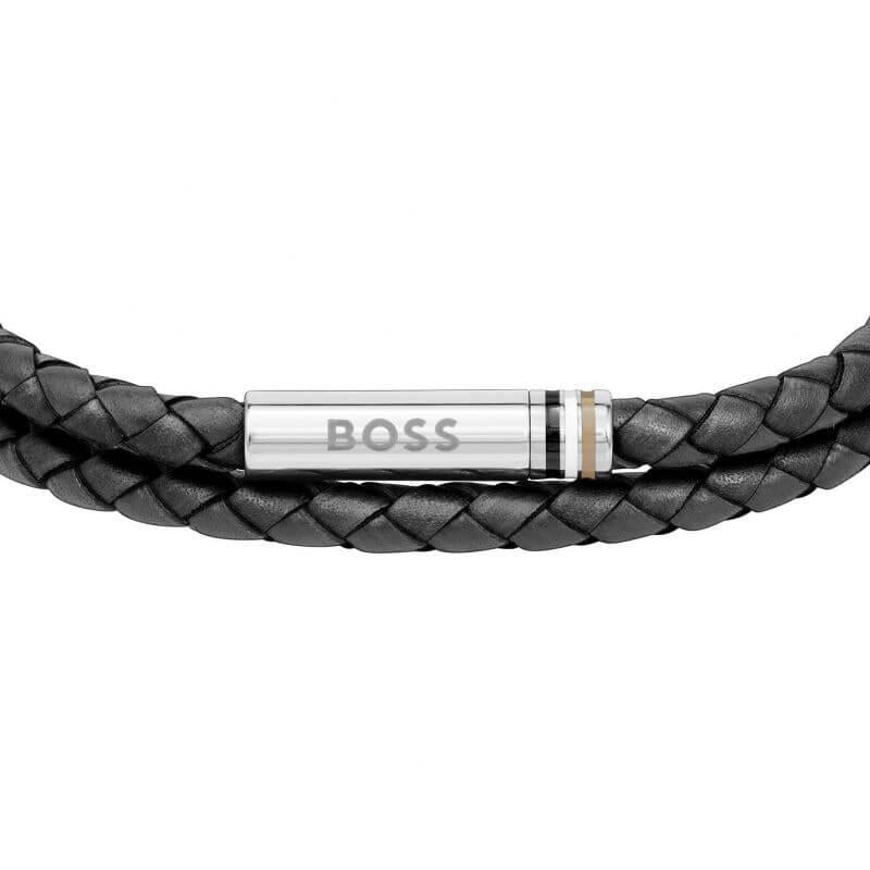 Ares Black Double Wrap Leather Mens Bracelet