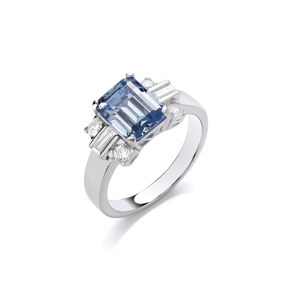 Silver & Aqua Cubic Zirconia Deco Style Cocktail Ring- 8/P