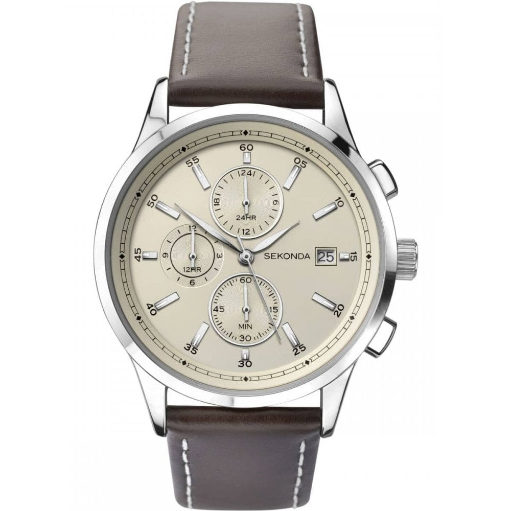 Stainless Steel Case With Chronograph Cream Dial & Brown Leather Strap Gents Watch