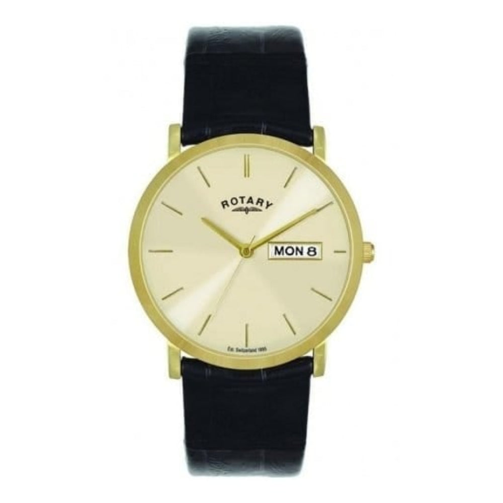 Black Leather Champagne Dial Date Watch