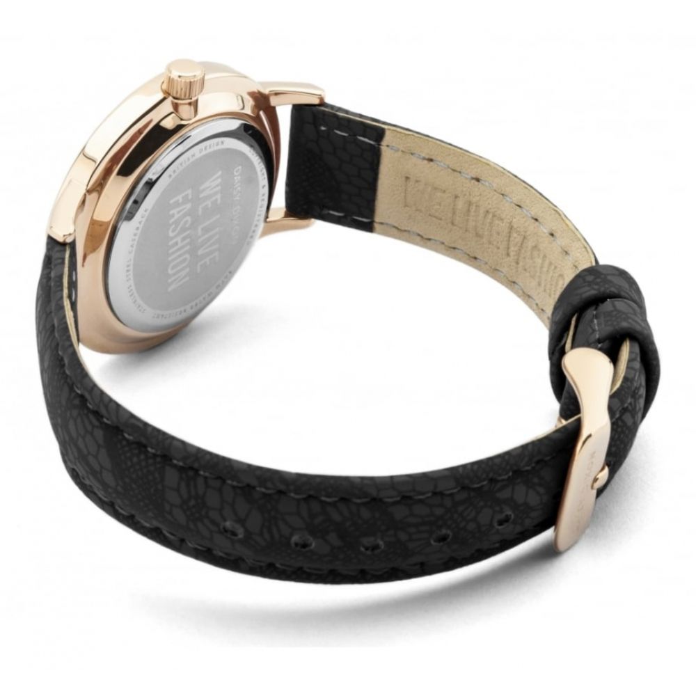 Mae Watch Rose Gold Dial With Black Pu Strap With Lace Print