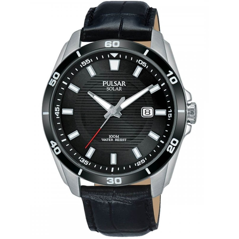 Stainless Steel Case & Black Date Window Dial With Black Leather Strap, Solar Powered Gents Watch