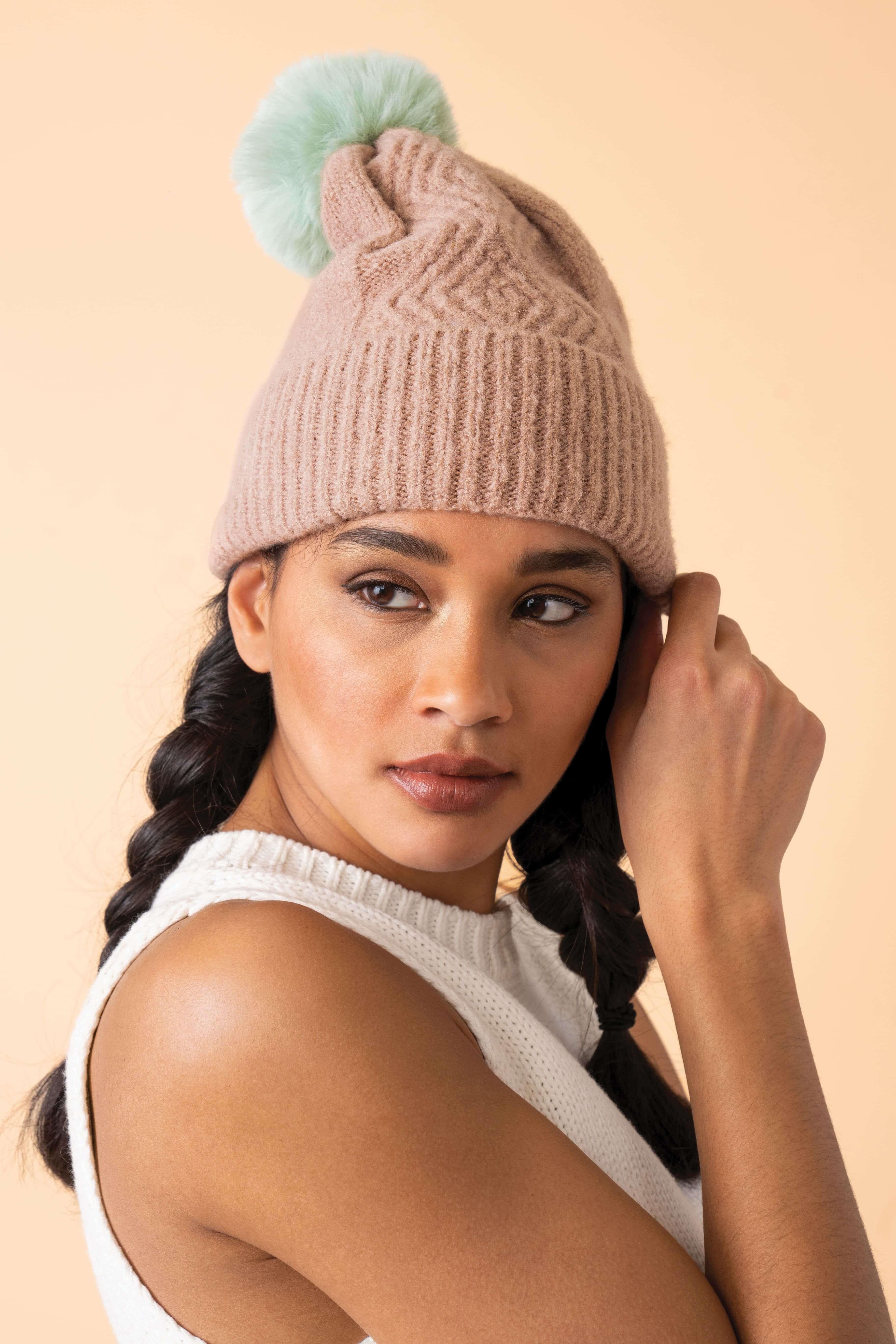 Ingrid Bobble Hat - Taupe/Aqua