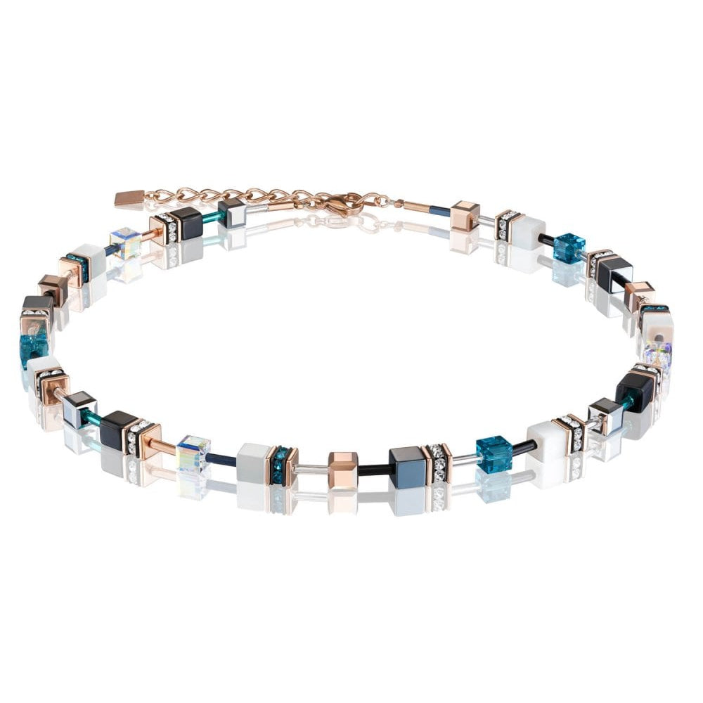 White & Petrol Geo Cube Rose Gold Necklace