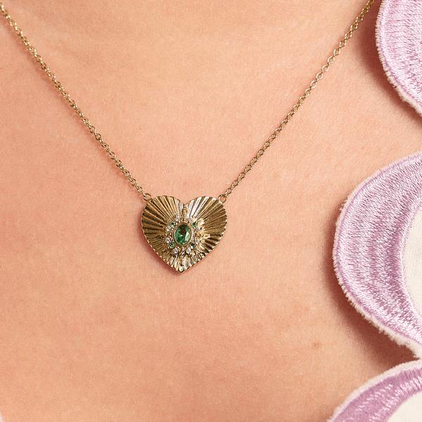 Luna Fluted Heart North Star Necklace In Emerald CZ & Gold