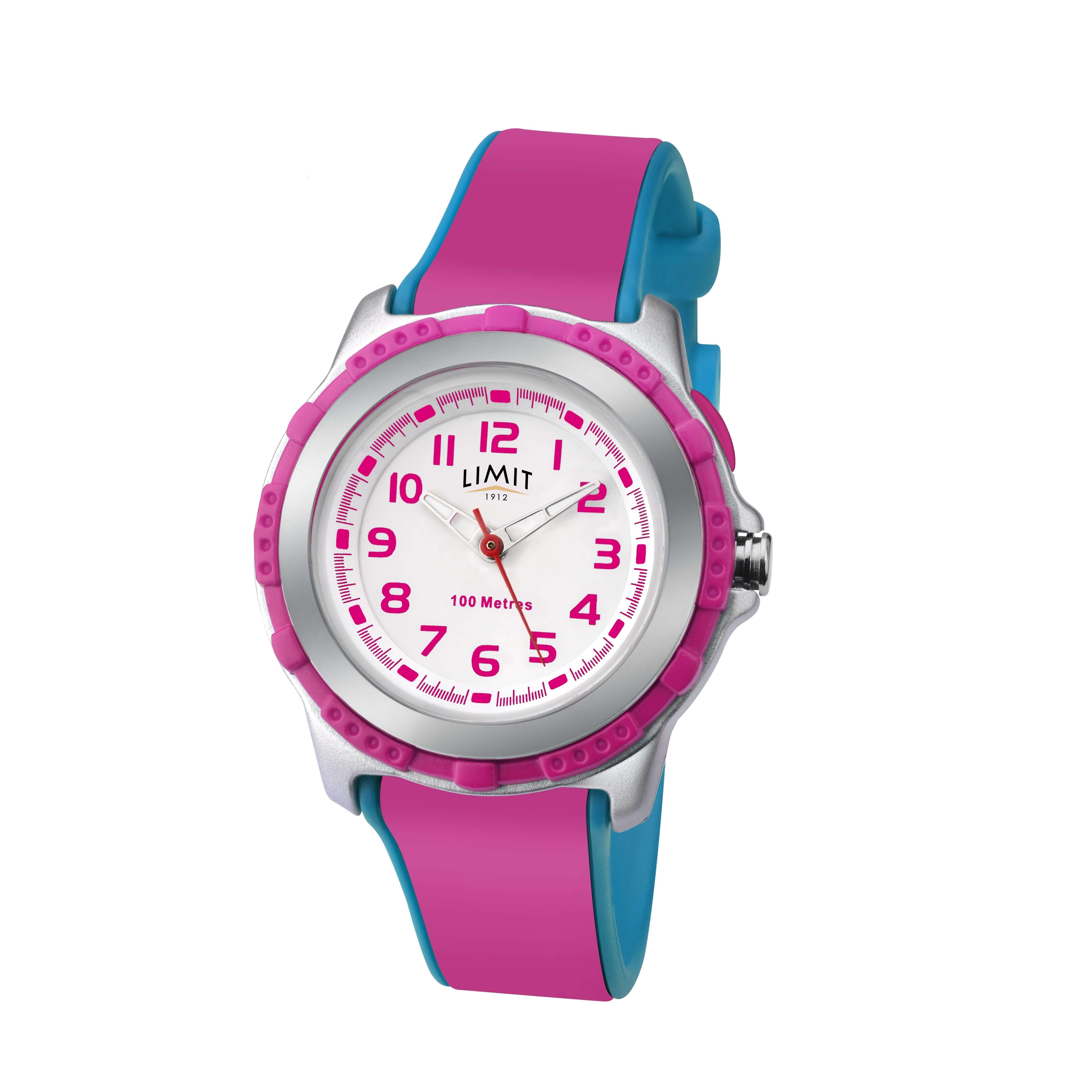 Kids Pink & Blue Strap With White Dial Plastic Watch