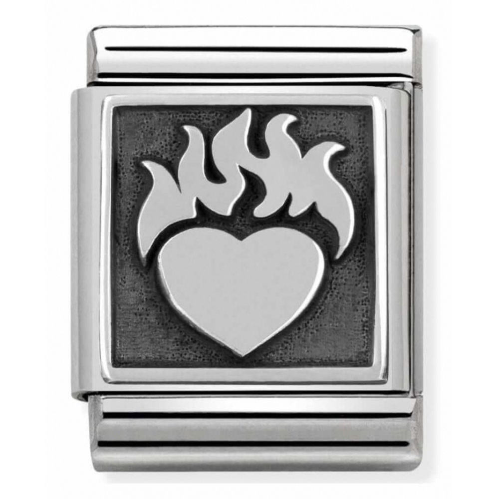 Composable Oxidized Heart With Flames Symbol Stainless Steel And Sterling Silver Big Charm