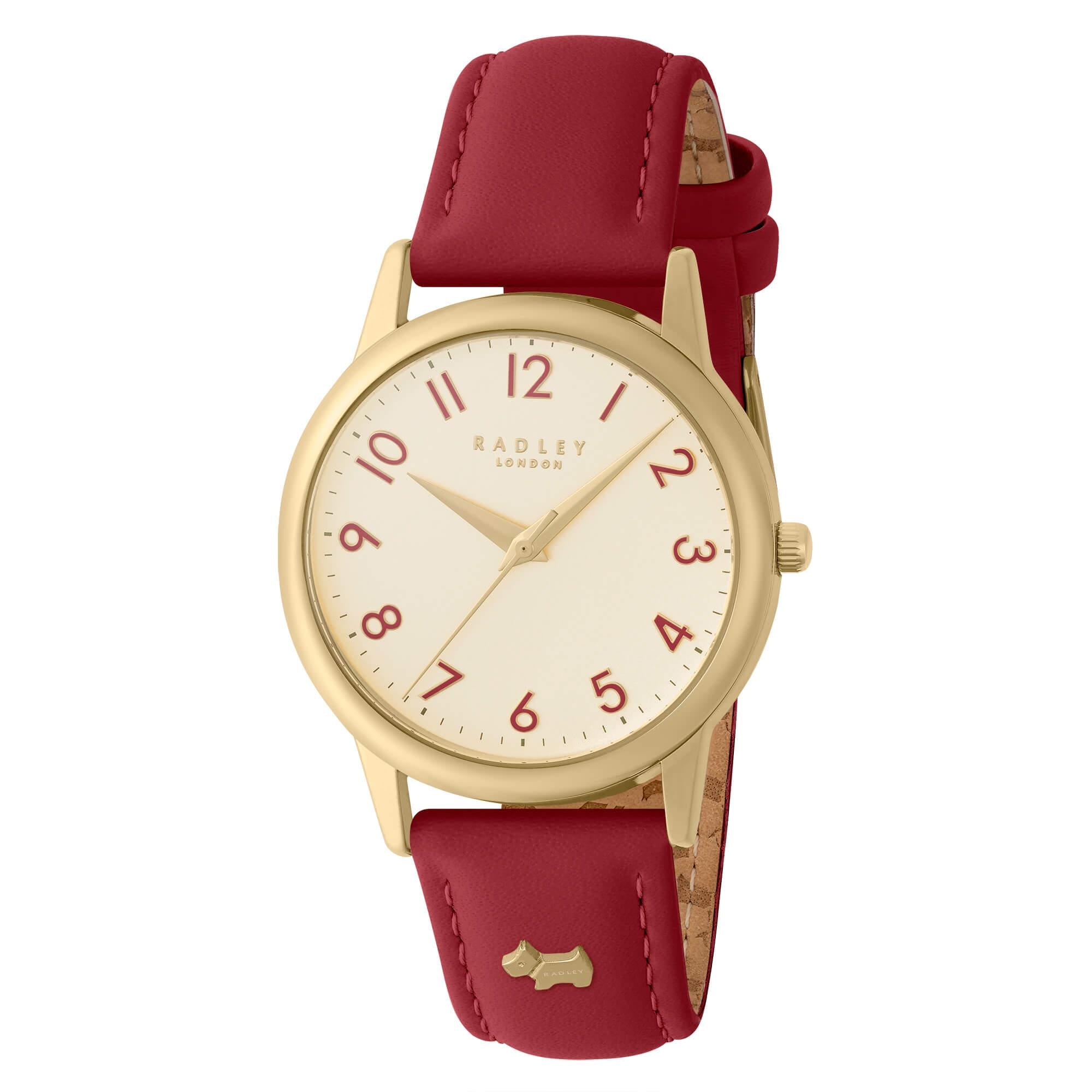 Gold Plated Red Leather Strap Watch