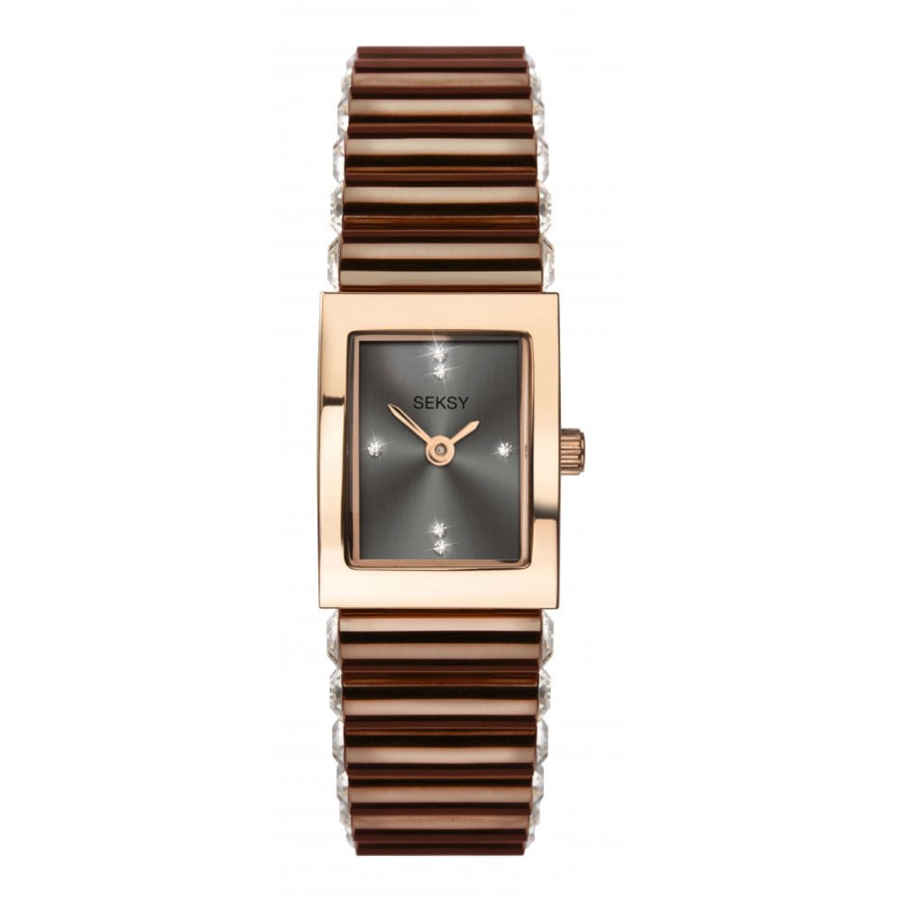 Rectangular Rose Gold Plated Case With Grey Stone Set Dial & Bronze Plated Bracelet Strap Ladies Watch