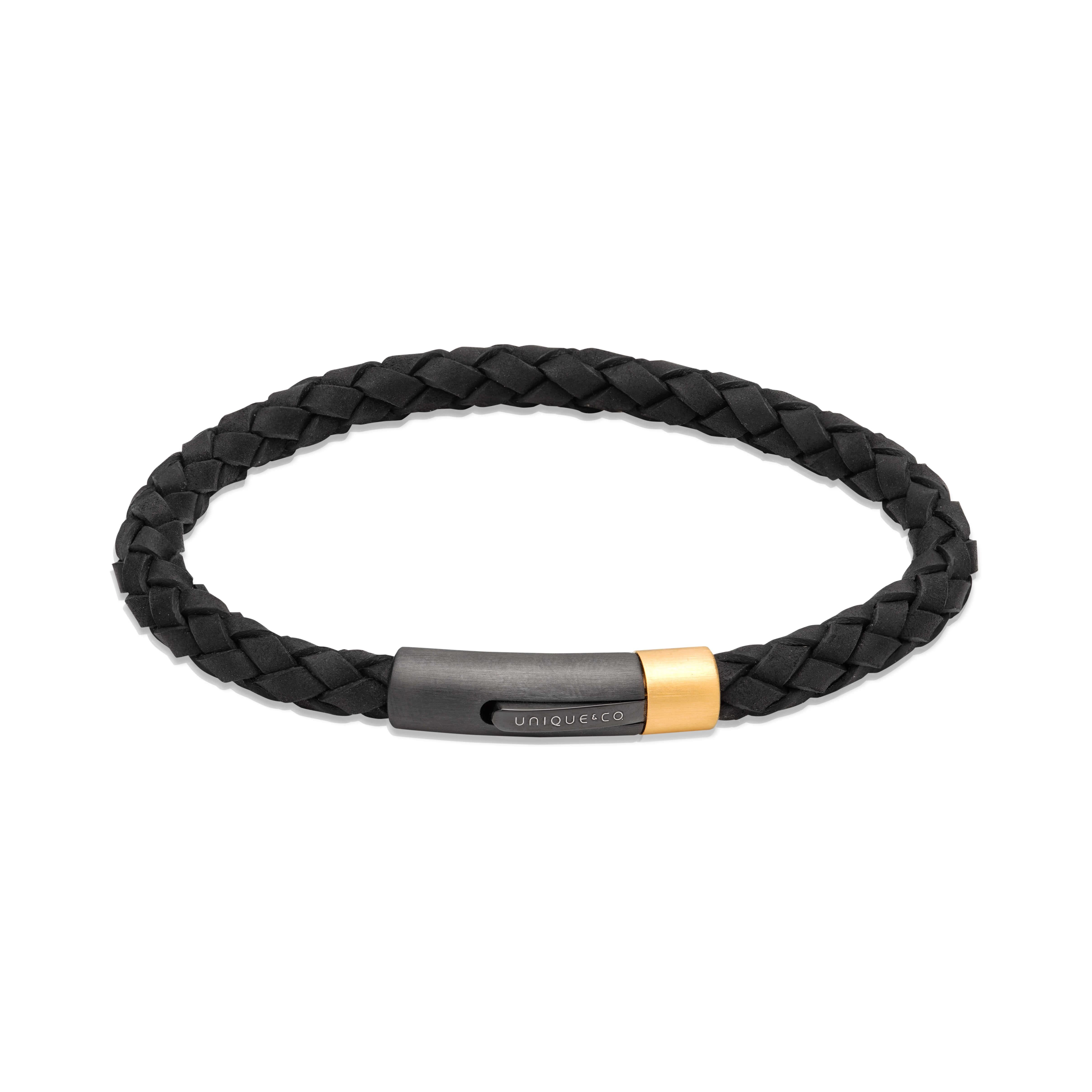 Black Leather With BL Edge Bracelet & Gold IP Plated Matte/Polished Clasp
