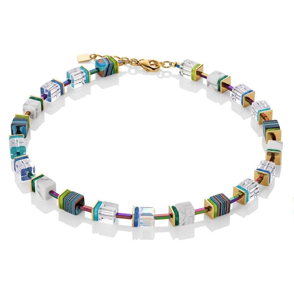 Blue & Green Geo Cube Gold Necklace