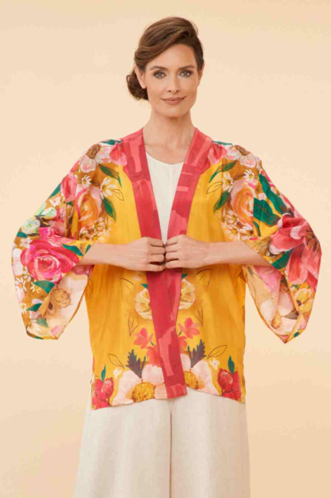 Impressionist Floral Kimono Jacket - Mustard