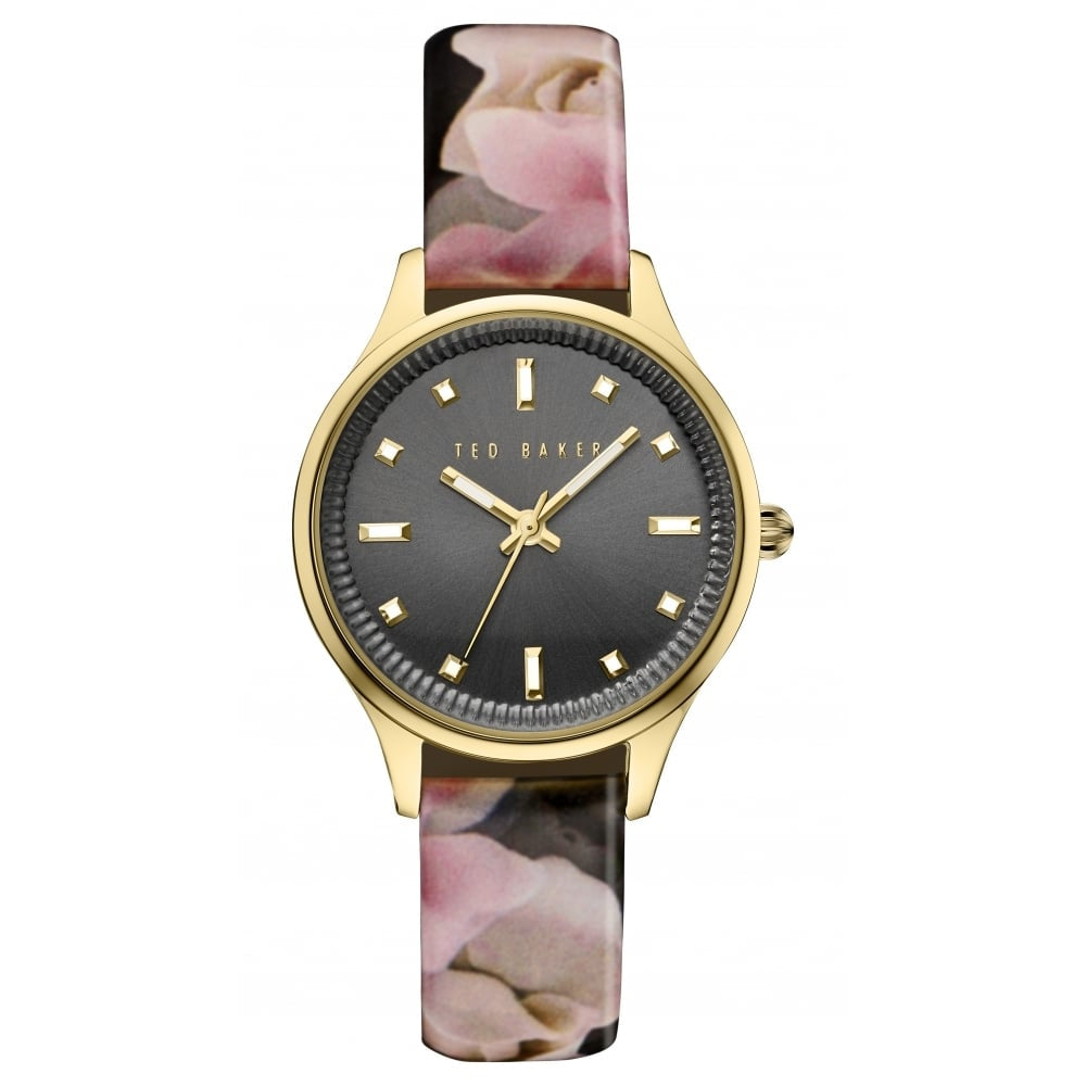 Pink Rose Floral Print Leather Black Face Gold Watch