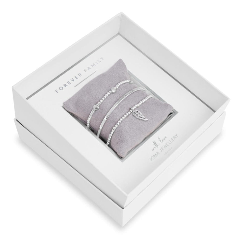 Occasion Gift Box - Forever Family - x3 Stacking Bracelets- Silver - 17.5cm Adjustable