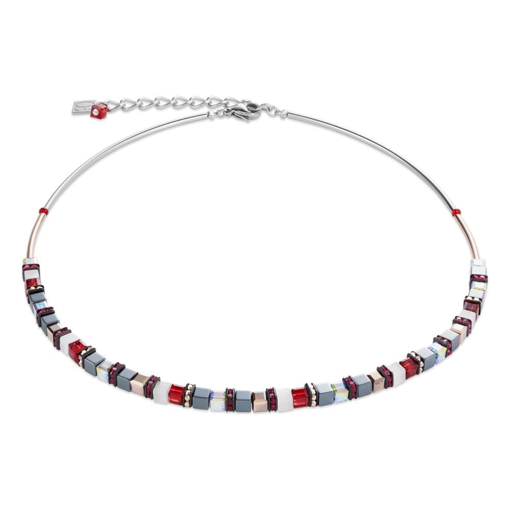 Small Haematite & Swarovski Crystals Red Geo Cube Necklace