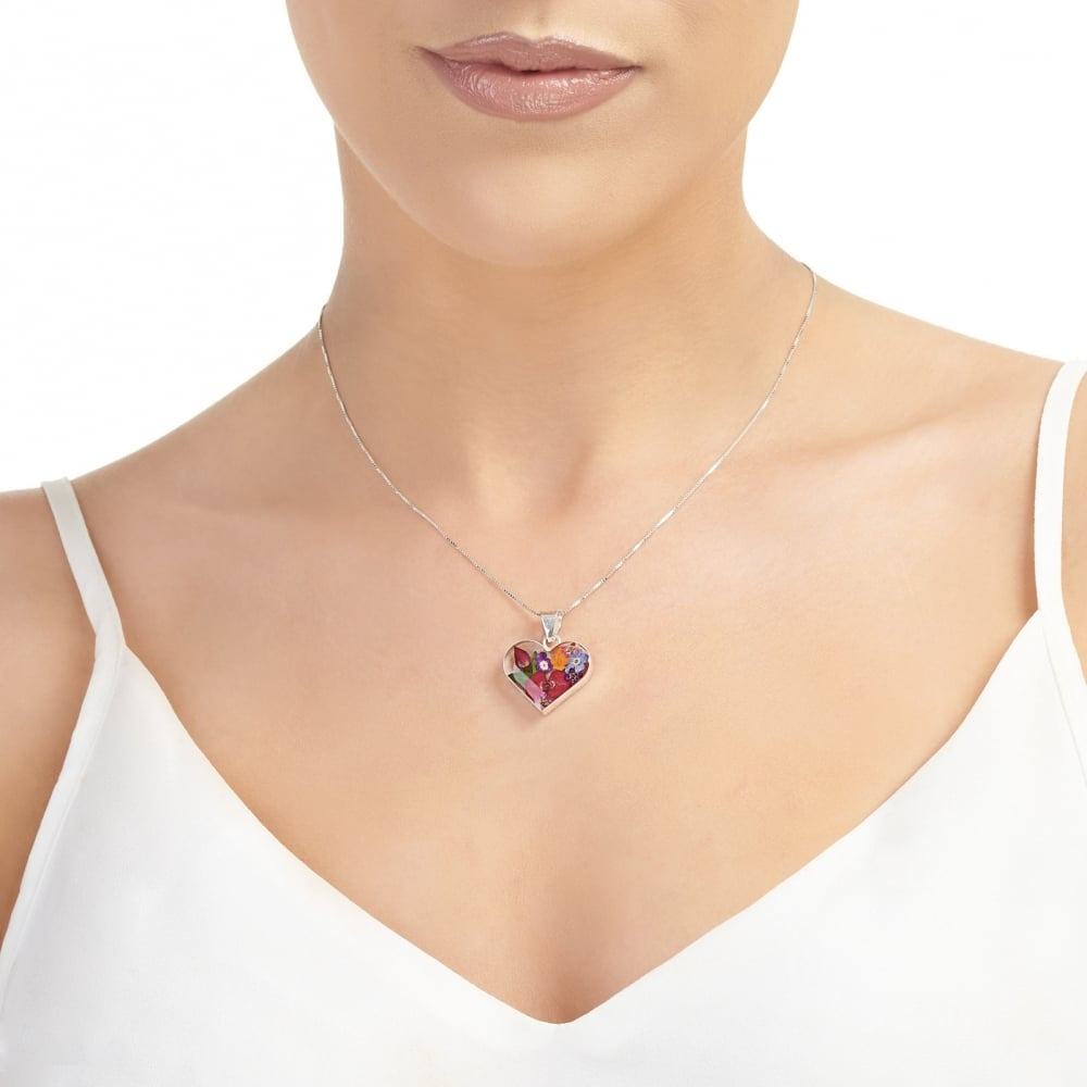 Silver Pendant - Mixed Flowers - Medium Heart