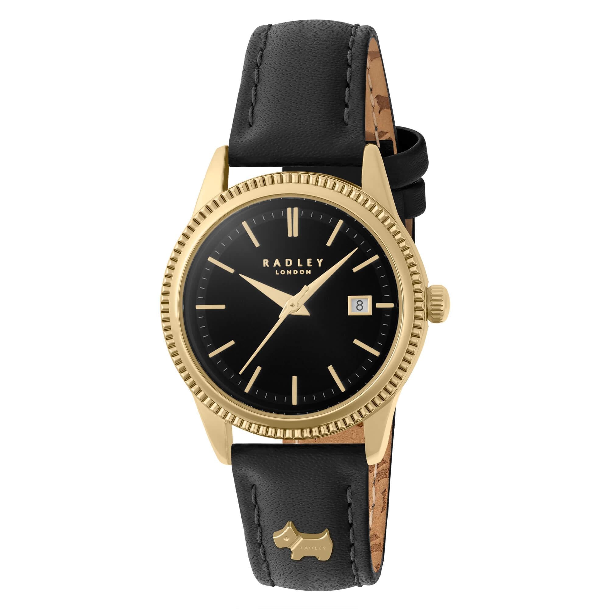Gold Plated Dial With Black Leather Strap Watch