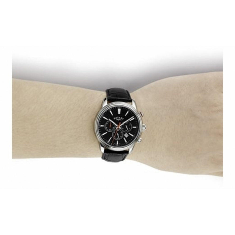 Stainless Steel Black Dial & Leather Strap Gents Chronograph Watch