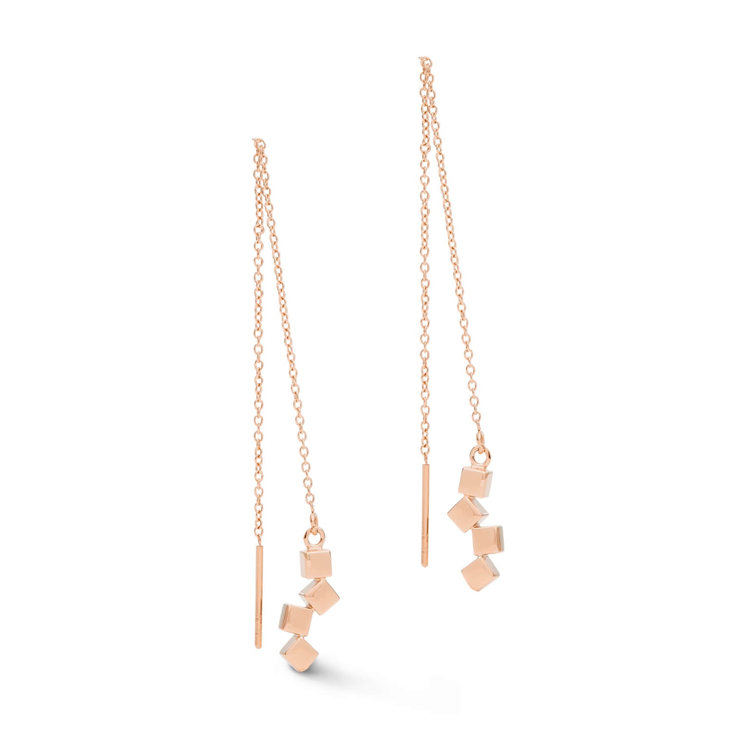 Rose Gold Plated Dancing Small Geo Cubes & Chain Pierced Earrings