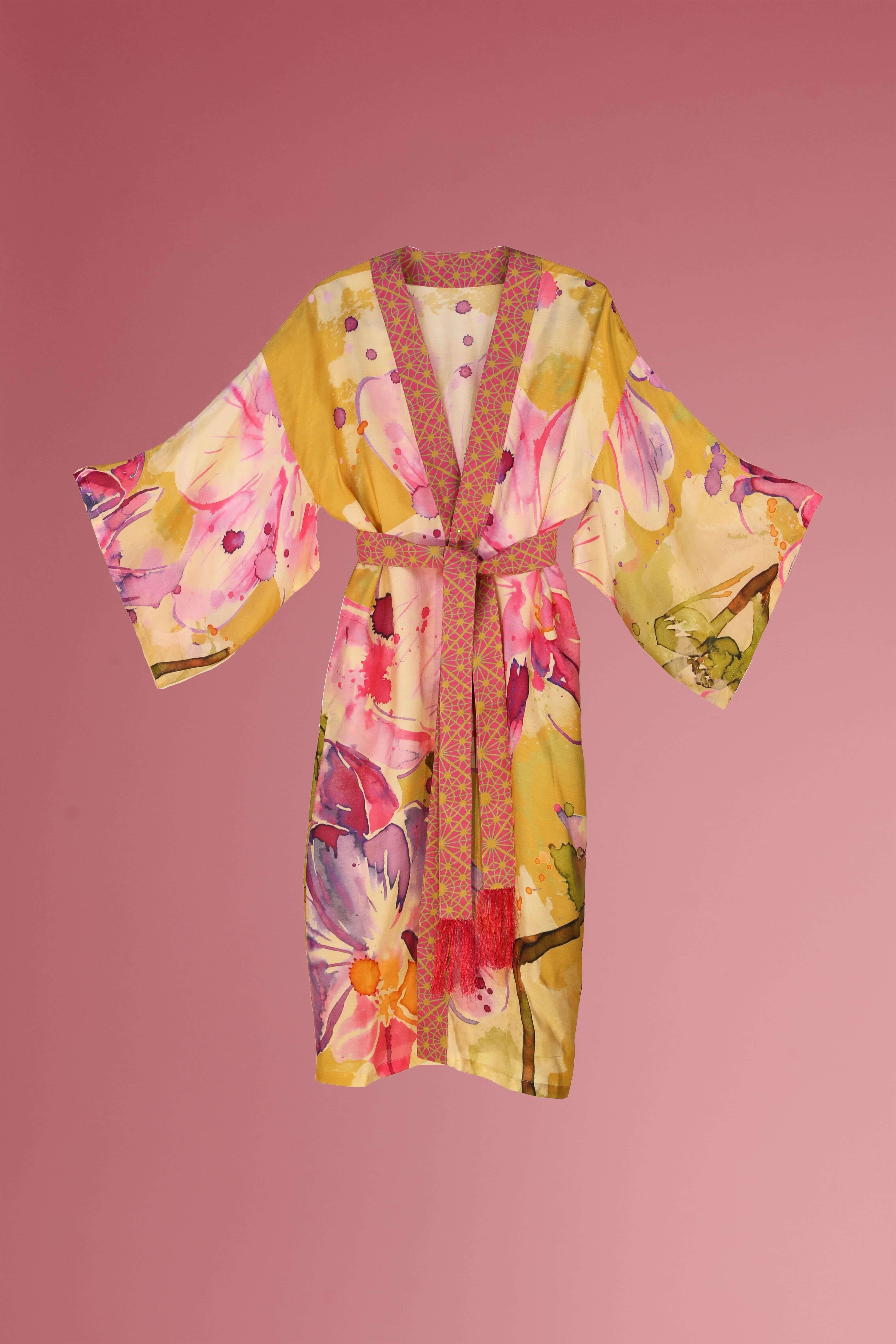 PRINTED KIMONO GOWN - Mustard Orchid