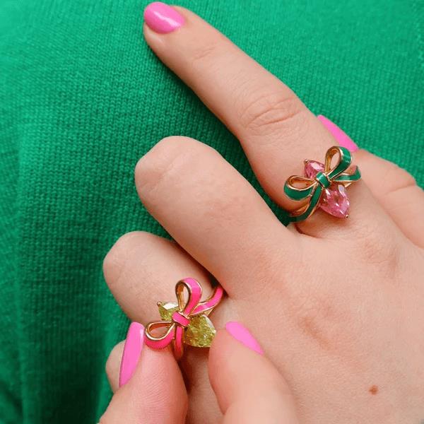 Amelia Bow Ring In Bright Pink Enamel, Lime CZ & Gold - M