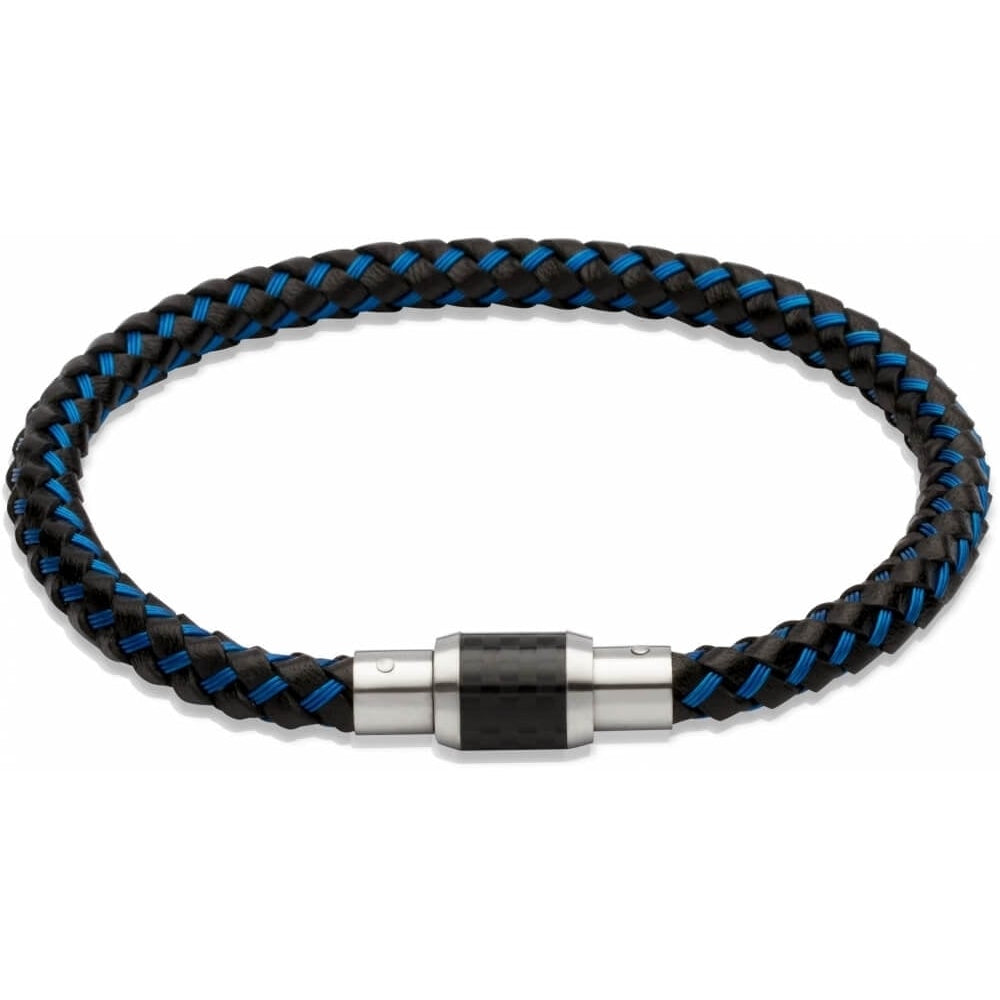 Black Leather Bracelet Blue Steel Wire Magnetic Clasp
