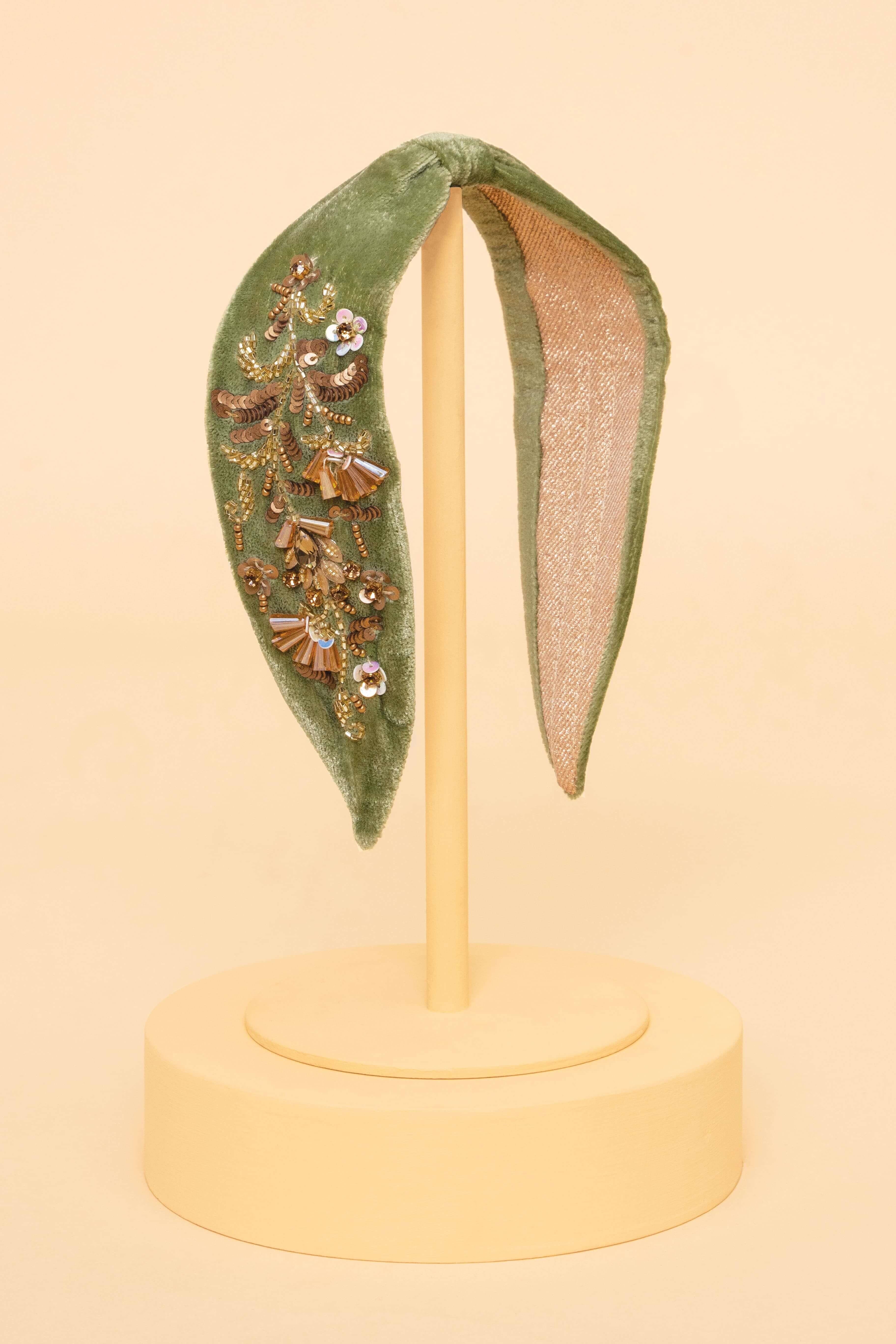 Embellished Velvet Headband - Golden Wildflowers - Fern
